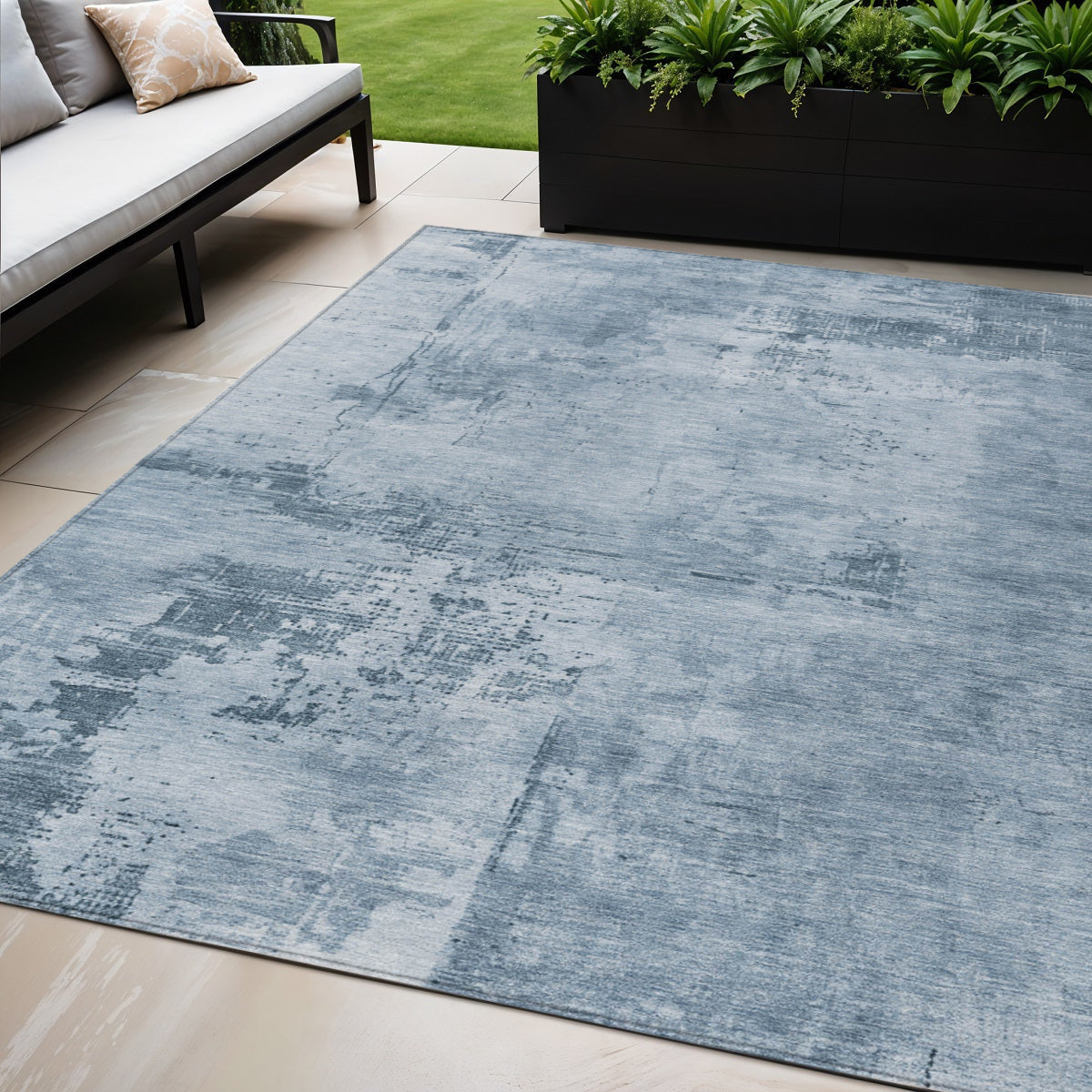 5 X 8 Denim Blue And Silver Abstract Washable Indoor Outdoor Area Rug