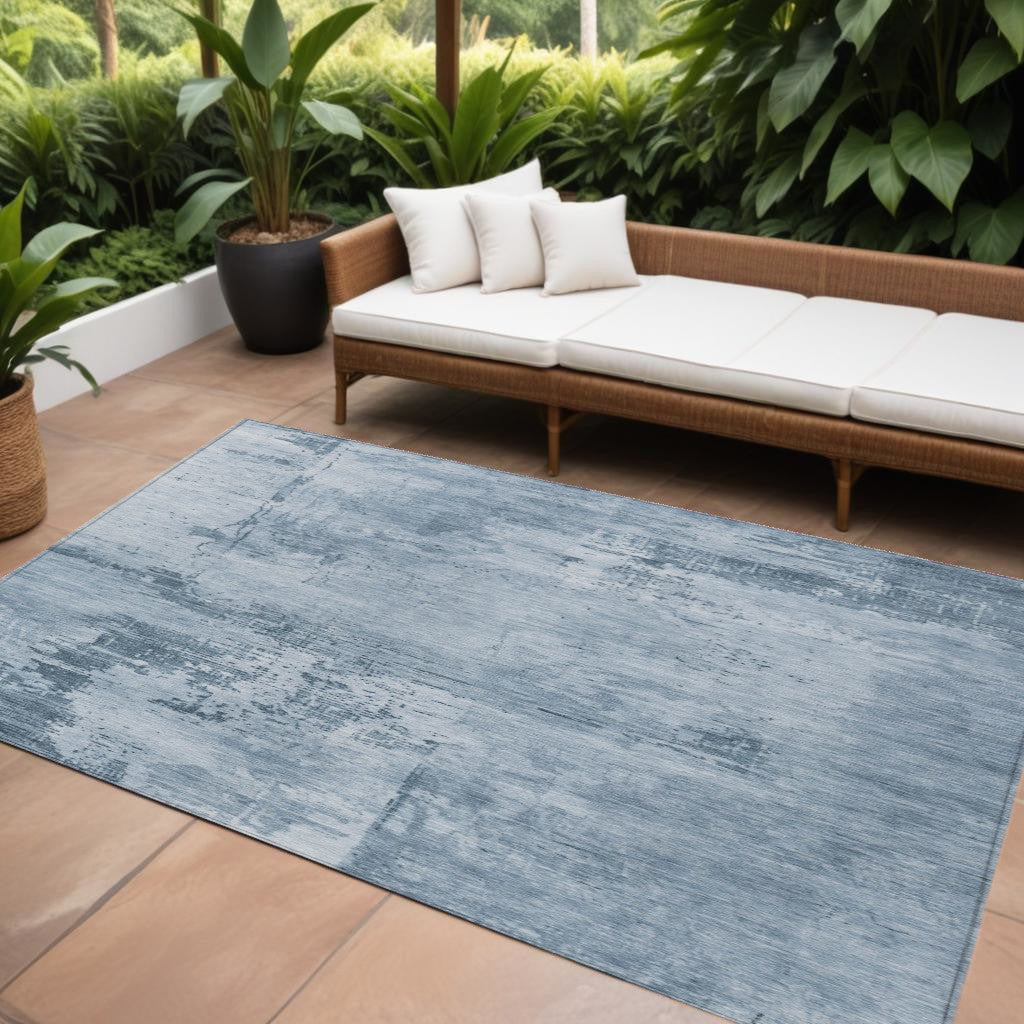 10 X 14 Denim Blue And Silver Abstract Washable Indoor Outdoor Area Rug