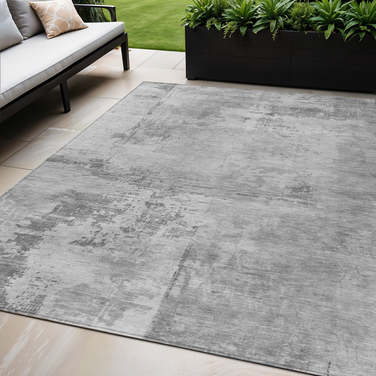 5 X 8 Gray And Silver Abstract Washable Indoor Outdoor Area Rug