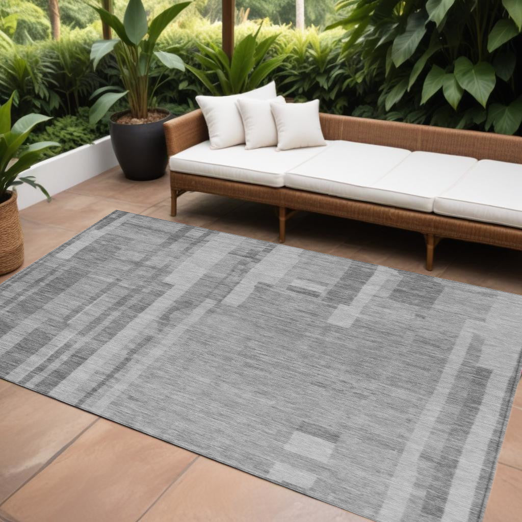 9 X 12 Gray And Silver Striped Washable Indoor Outdoor Area Rug