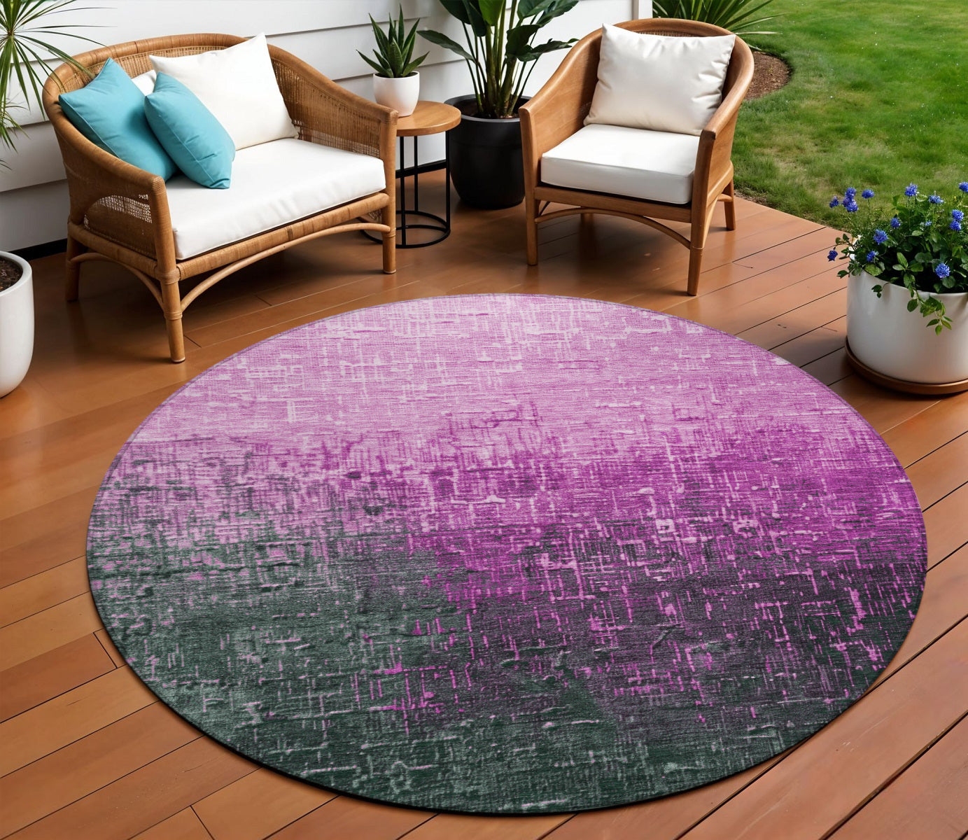 8 Blush And Dark Gray Round Ombre Washable Indoor Outdoor Area Rug