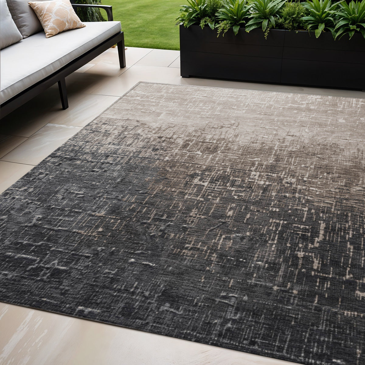 5 X 8 Khaki And Dark Gray Ombre Washable Indoor Outdoor Area Rug