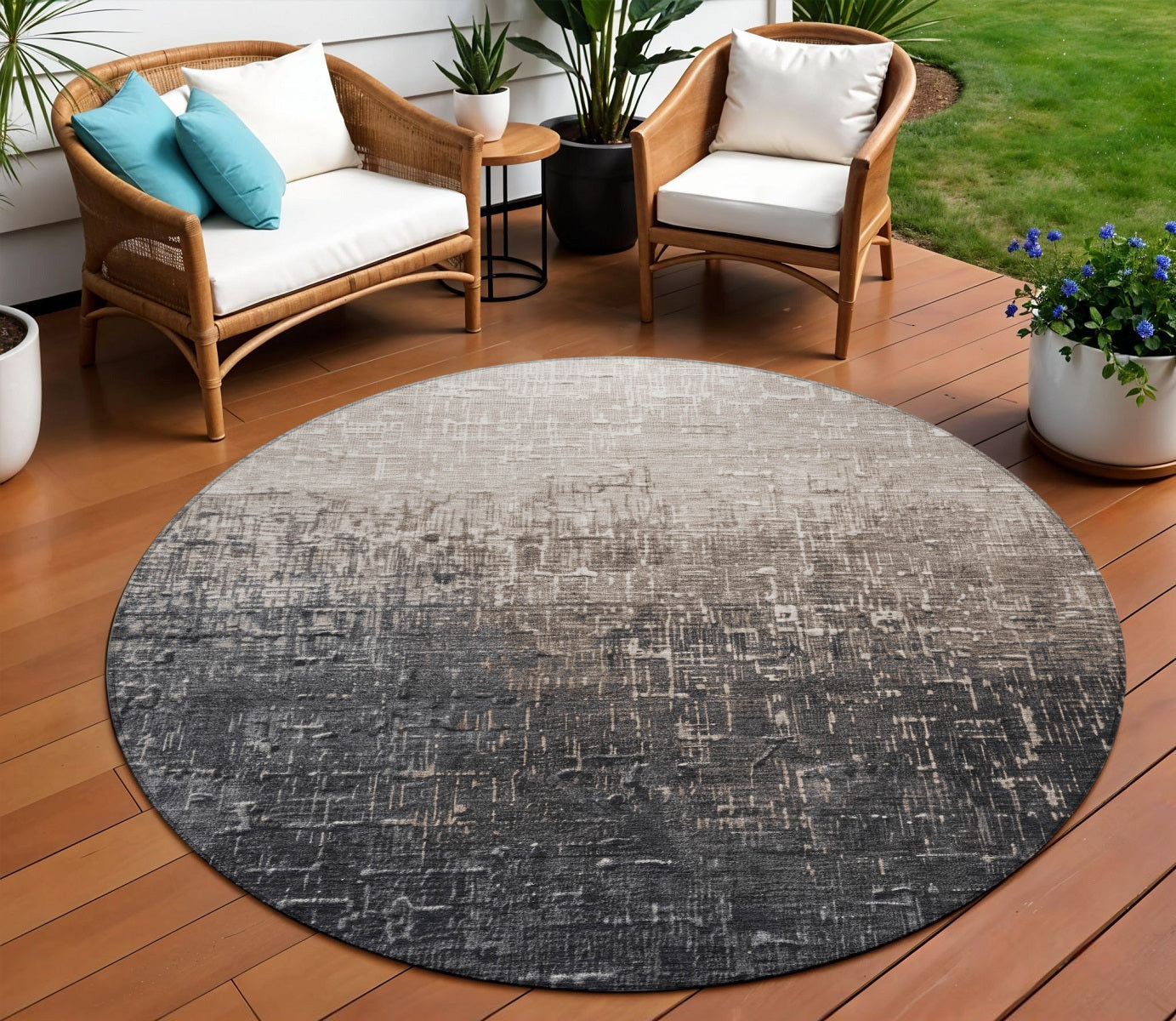 8 Khaki And Dark Gray Round Ombre Washable Indoor Outdoor Area Rug