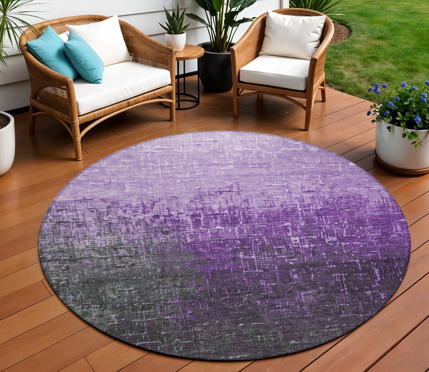 8 Purple And Dark Gray Round Ombre Washable Indoor Outdoor Area Rug