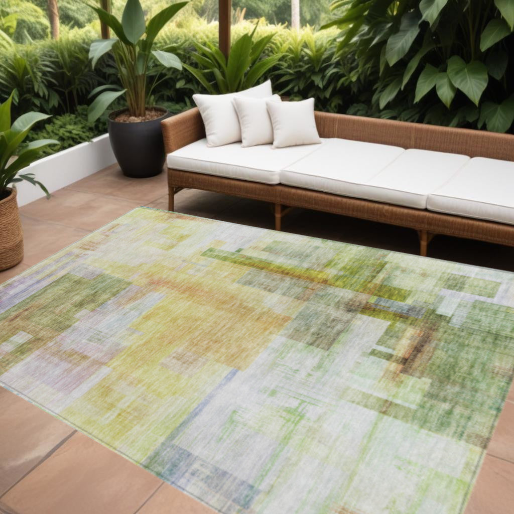 9 X 12 Green Yellow And Purple Abstract Washable Indoor Outdoor Area Rug