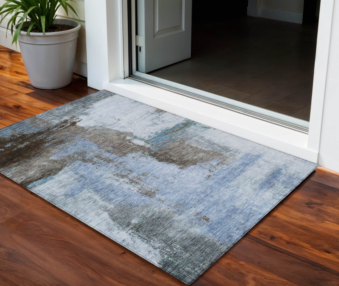 3 X 5 Blue Gray And Dark Brown Abstract Washable Indoor Outdoor Area Rug