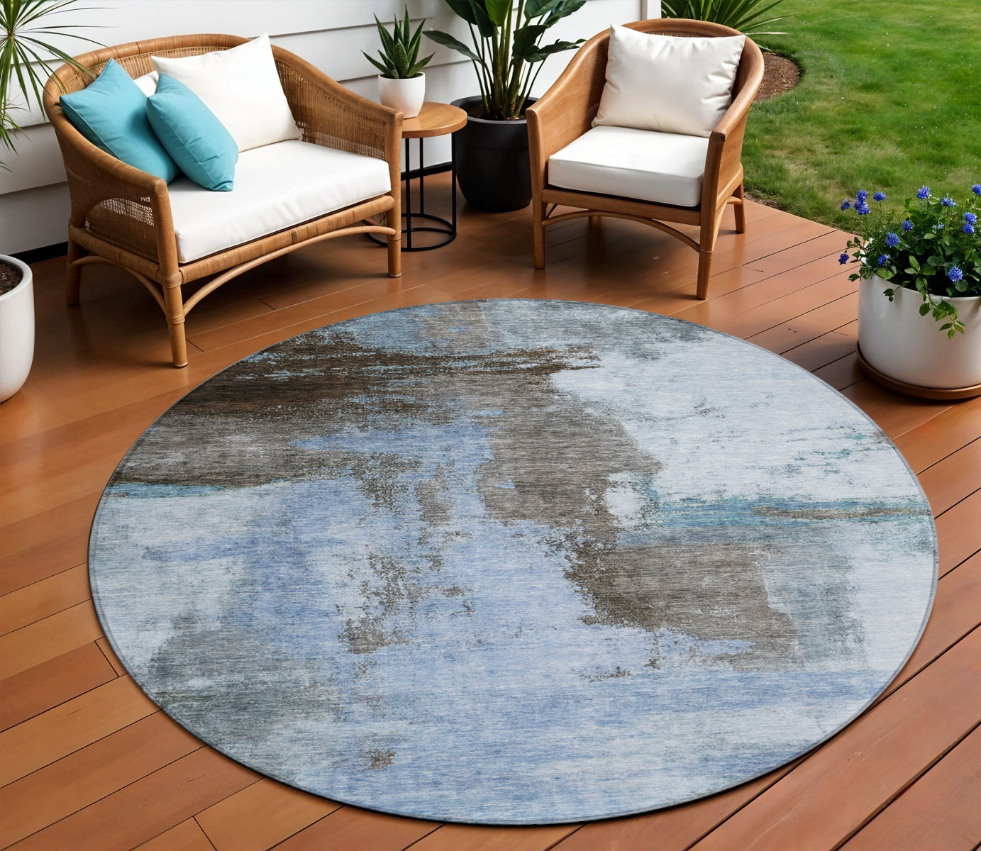 8 Blue Gray And Dark Brown Round Abstract Washable Indoor Outdoor Area Rug