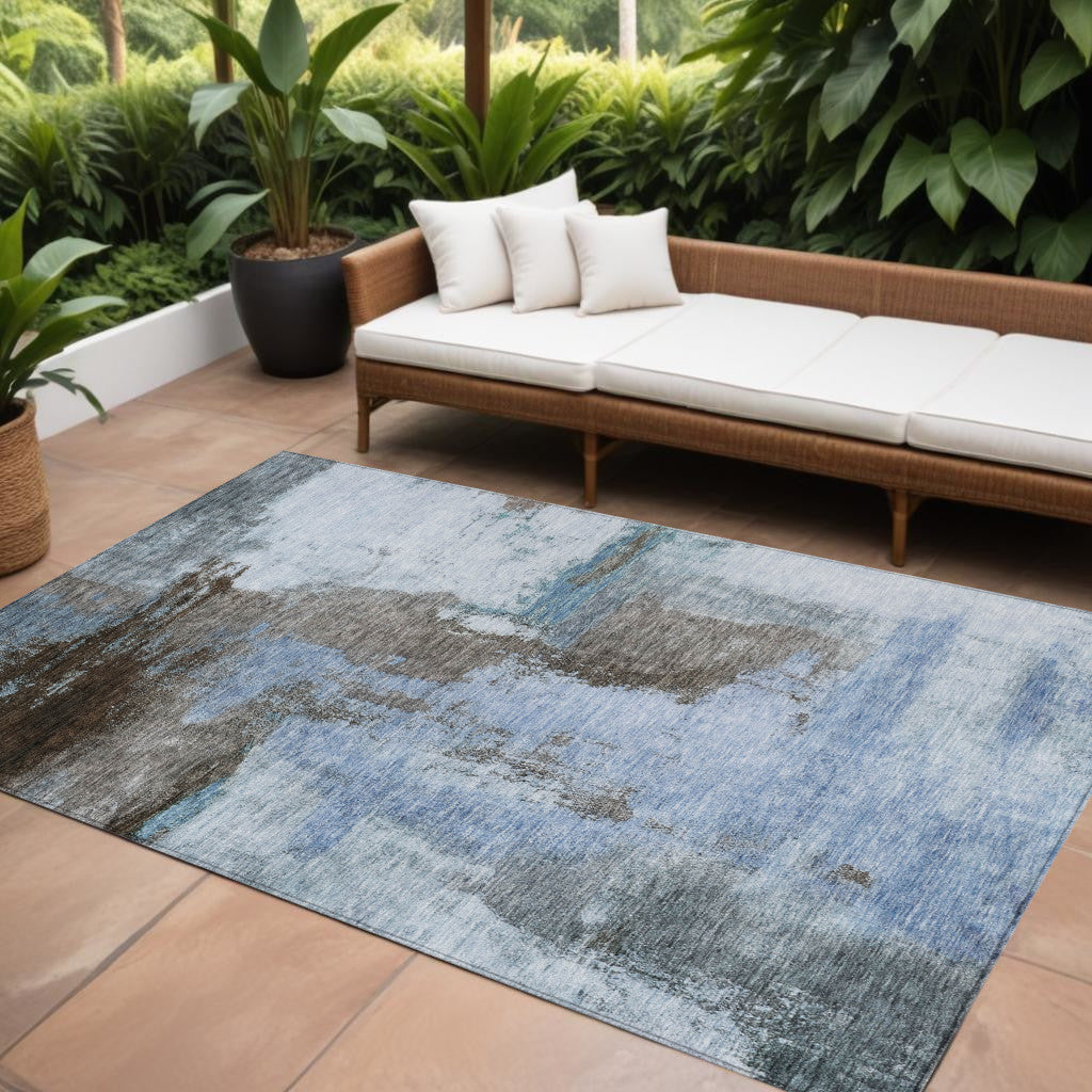 8 X 10 Blue Gray And Dark Brown Abstract Washable Indoor Outdoor Area Rug