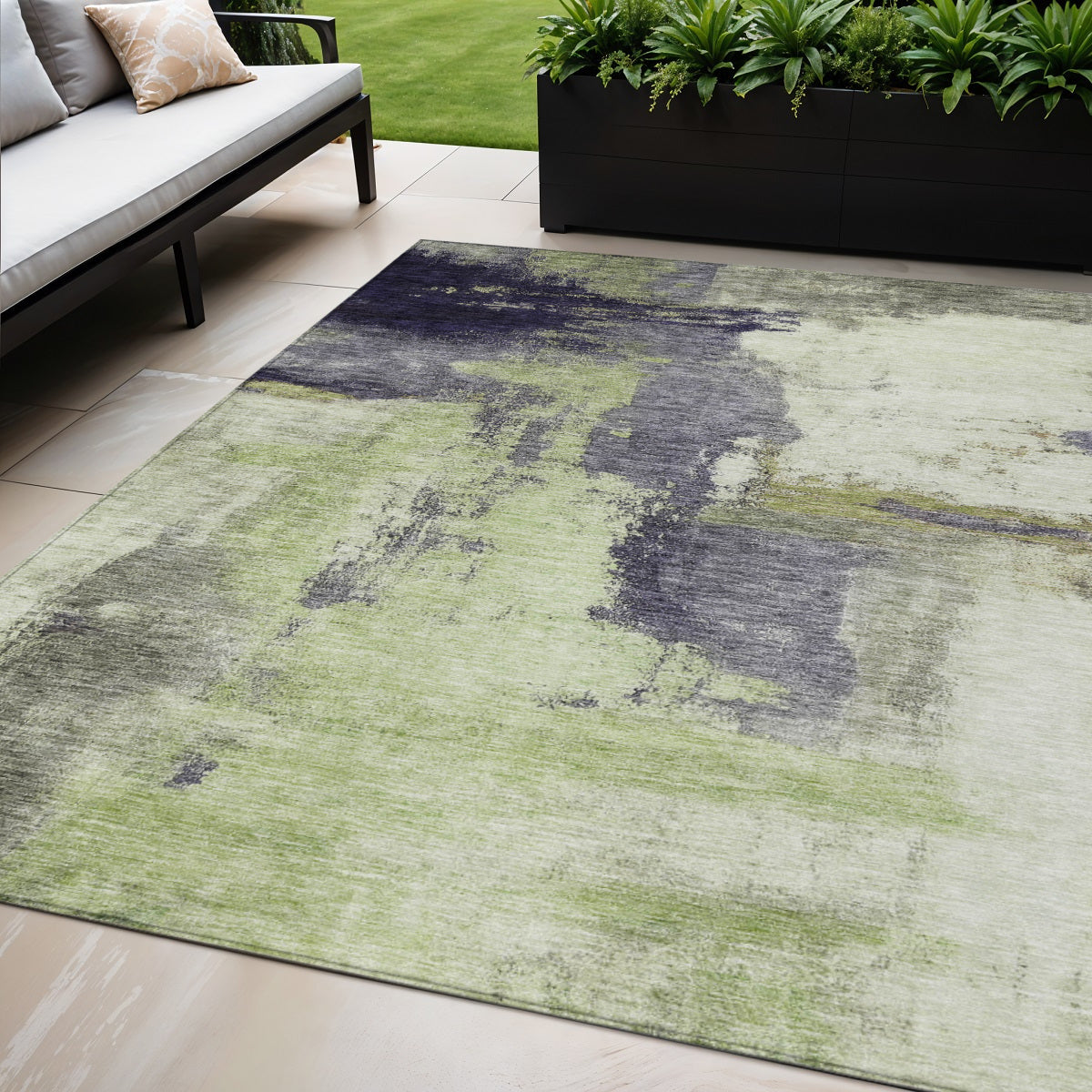 5 X 8 Fern Green Gray And Black Abstract Washable Indoor Outdoor Area Rug