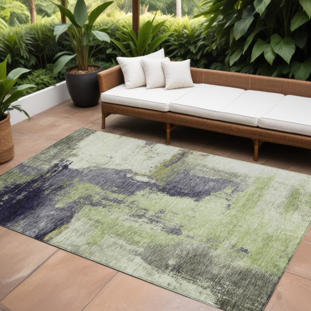 8 X 10 Fern Green Gray And Black Abstract Washable Indoor Outdoor Area Rug