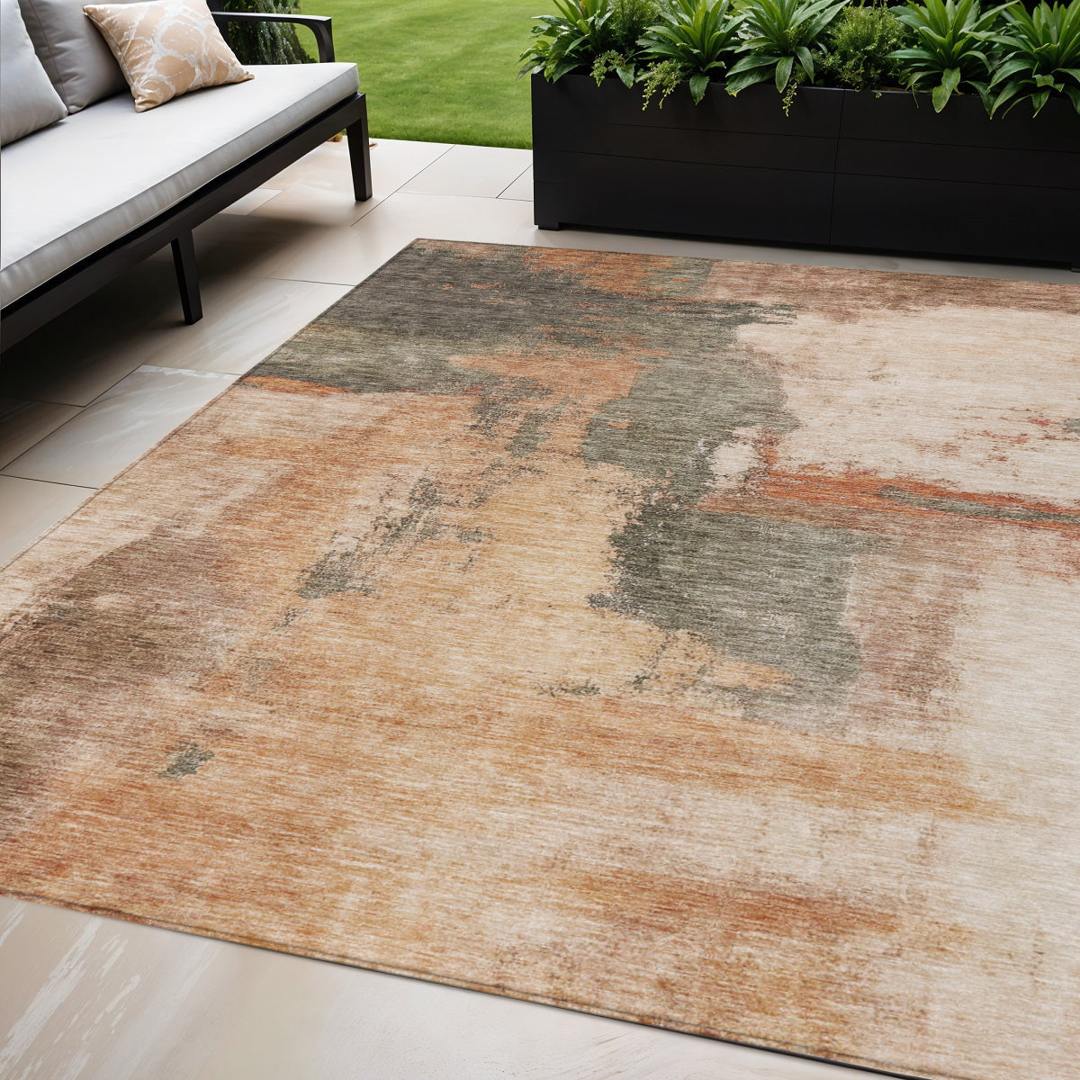 5 X 8 Terra Cotta Gray And Brown Abstract Washable Indoor Outdoor Area Rug