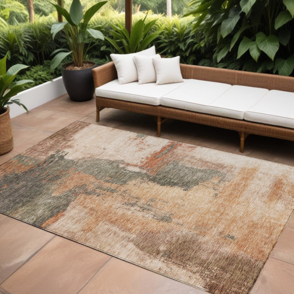 10 X 14 Terra Cotta Gray And Brown Abstract Washable Indoor Outdoor Area Rug