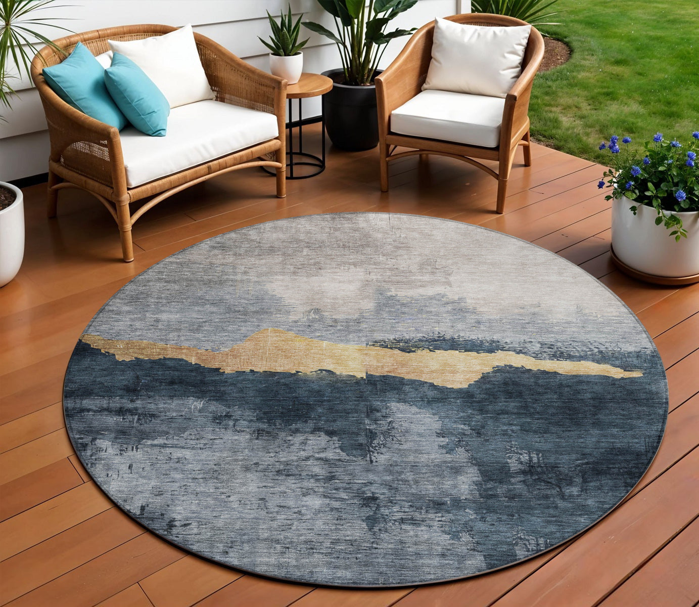 8 Blue Gray And Gold Round Abstract Washable Indoor Outdoor Area Rug
