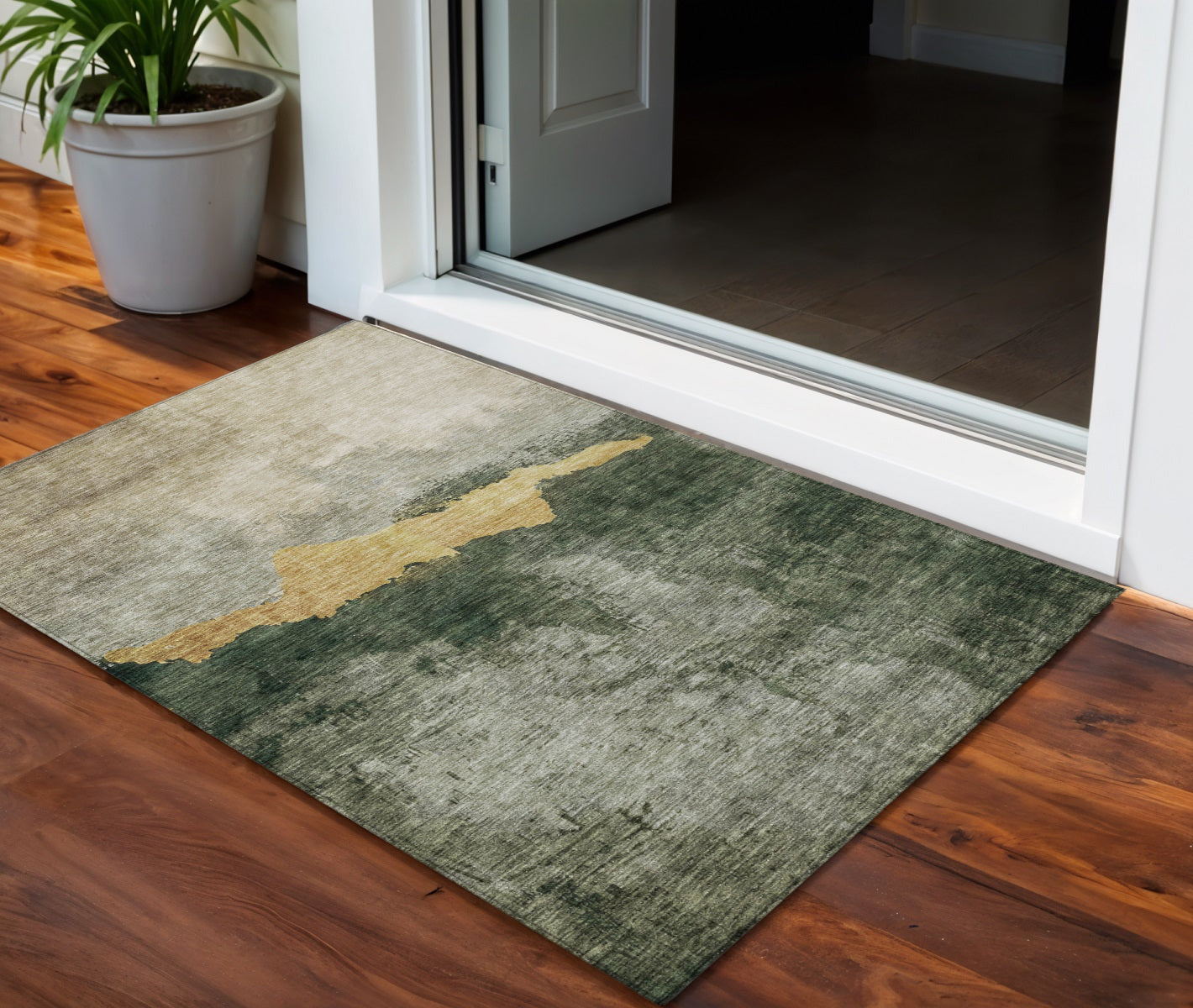 3 X 5 Fern Green Gold And Gray Abstract Washable Indoor Outdoor Area Rug