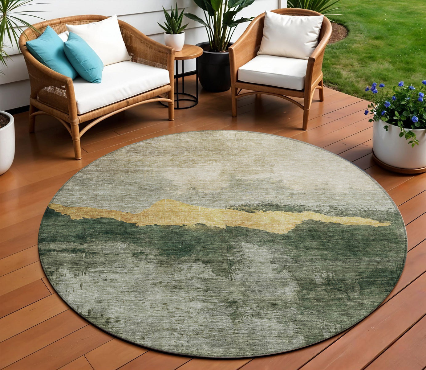 8 Fern Green Gold And Gray Round Abstract Washable Indoor Outdoor Area Rug
