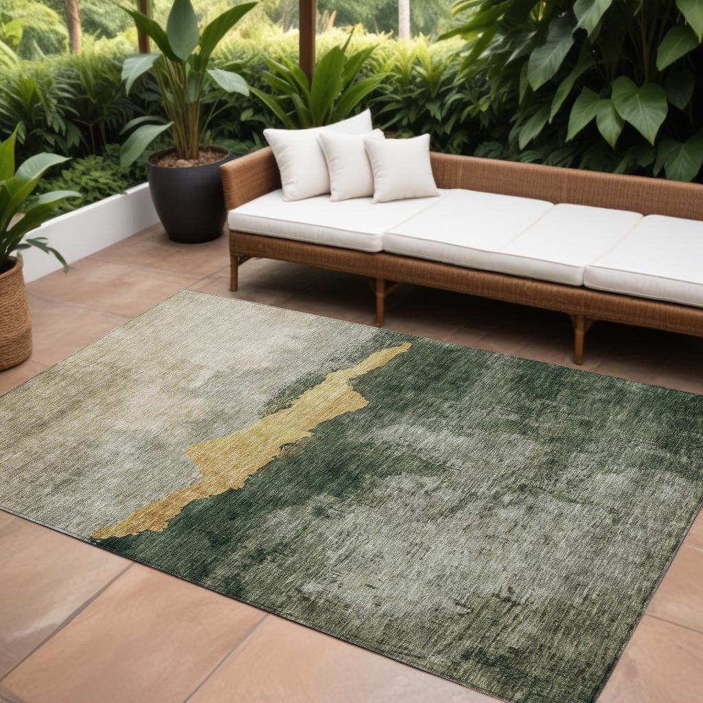 9 X 12 Fern Green Gold And Gray Abstract Washable Indoor Outdoor Area Rug