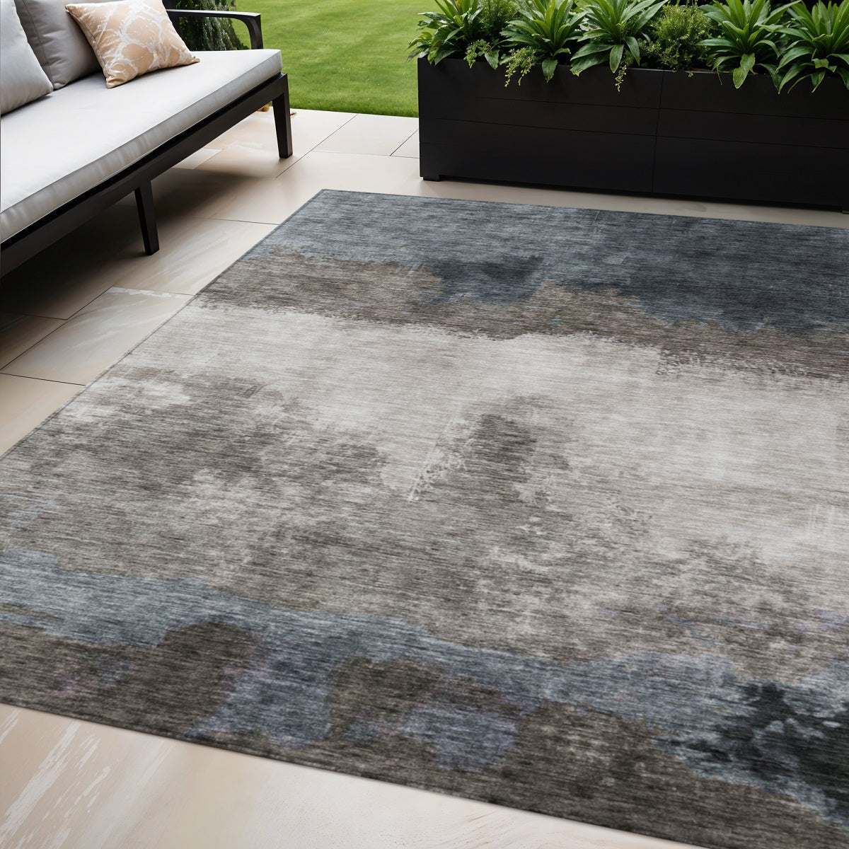 5 X 8 Gray Black And Brown Abstract Washable Indoor Outdoor Area Rug