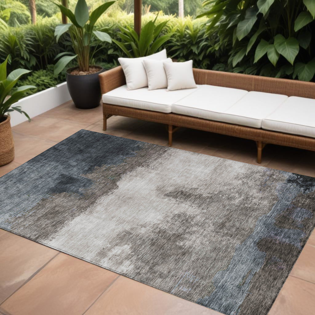 10 X 14 Gray Black And Brown Abstract Washable Indoor Outdoor Area Rug