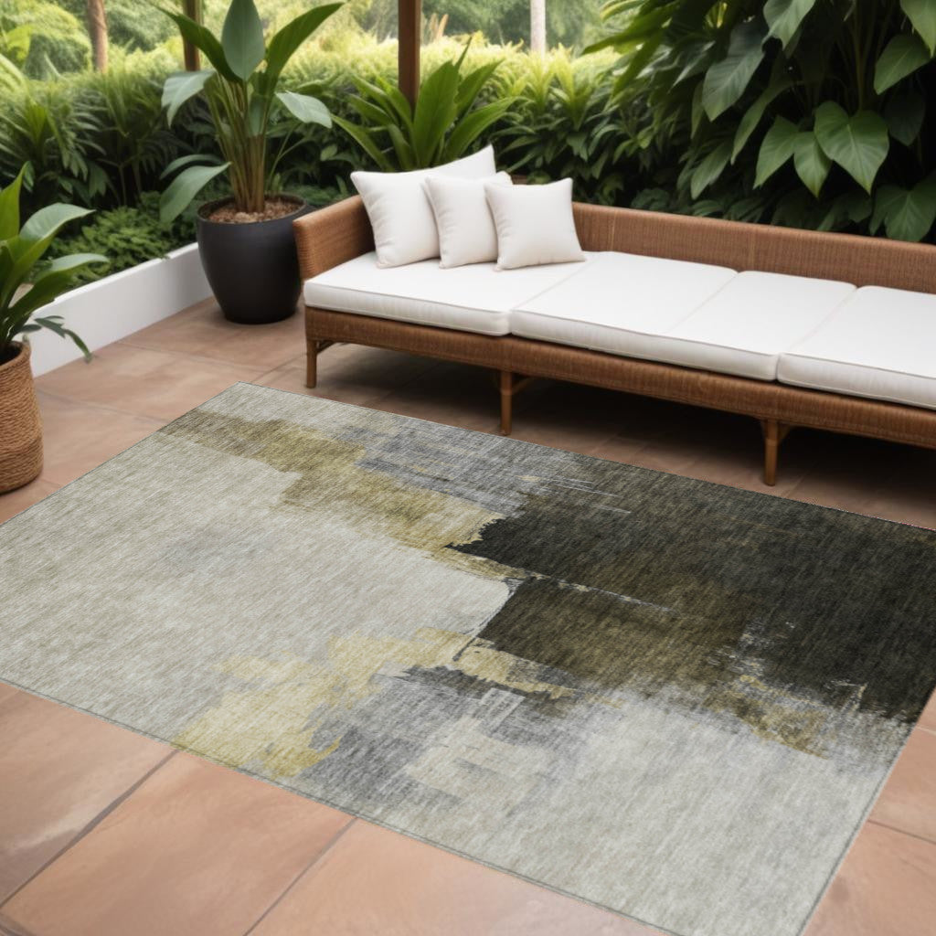 5 X 8 Khaki Light Green And Black Abstract Washable Indoor Outdoor Area Rug