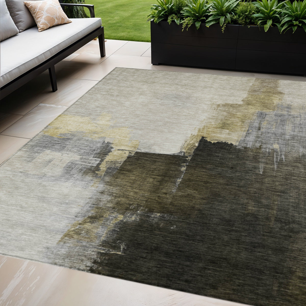 8 X 10 Khaki Light Green And Black Abstract Washable Indoor Outdoor Area Rug