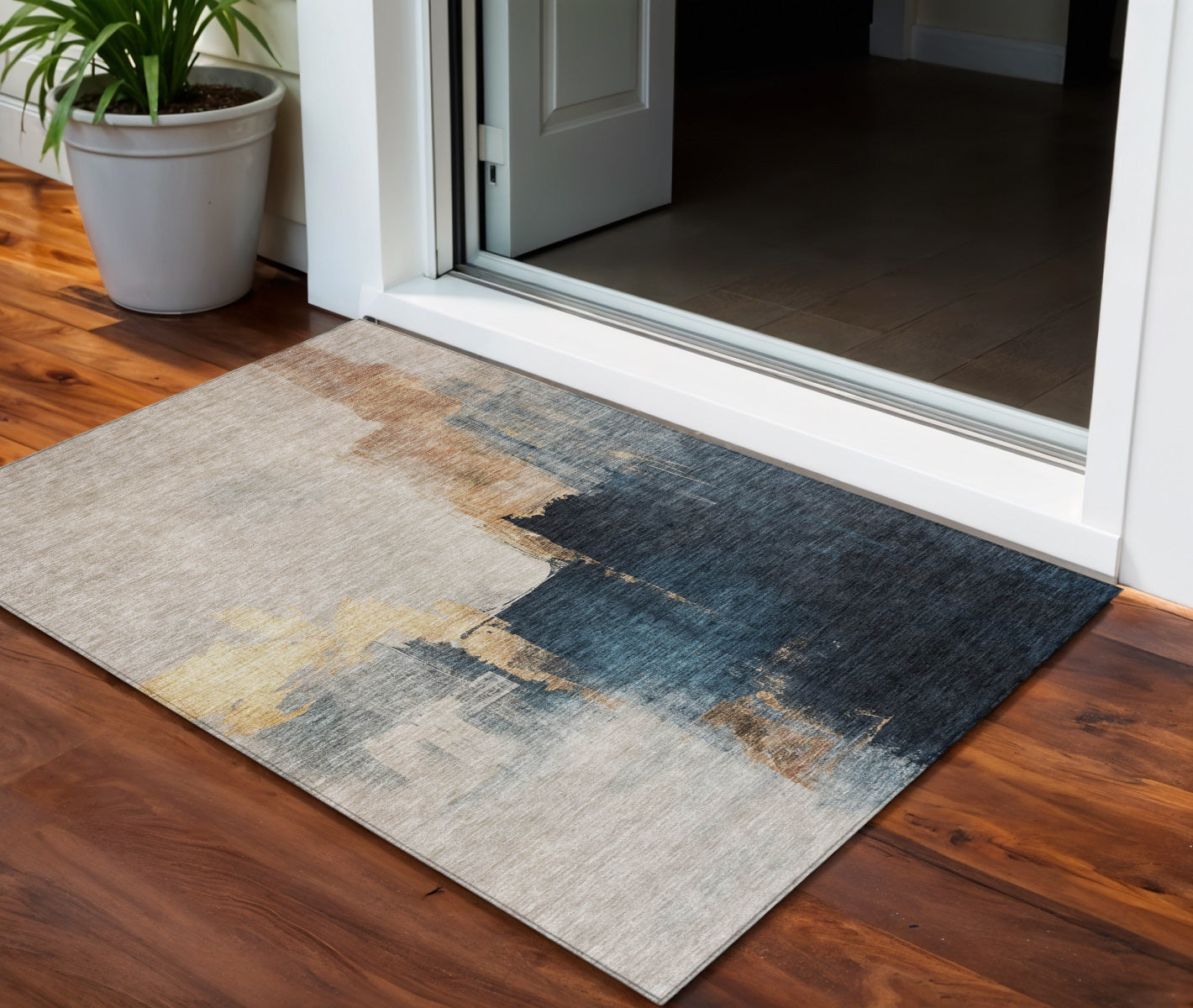 3 X 5 Taupe Black And Blue Abstract Washable Indoor Outdoor Area Rug