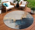 8 Taupe Black And Blue Round Abstract Washable Indoor Outdoor Area Rug