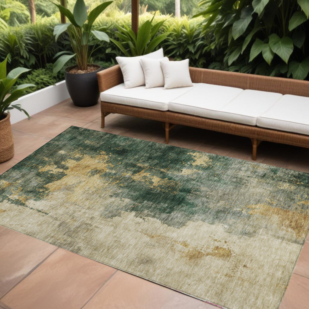 5 X 8 Fern Green And Gold Abstract Washable Indoor Outdoor Area Rug