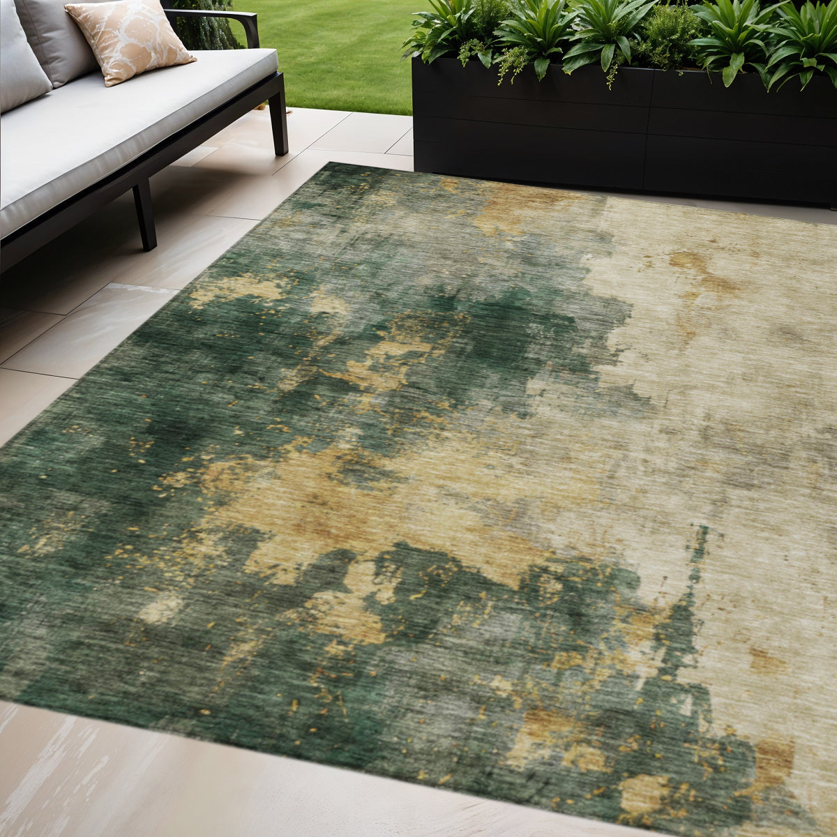8 X 10 Fern Green And Gold Abstract Washable Indoor Outdoor Area Rug
