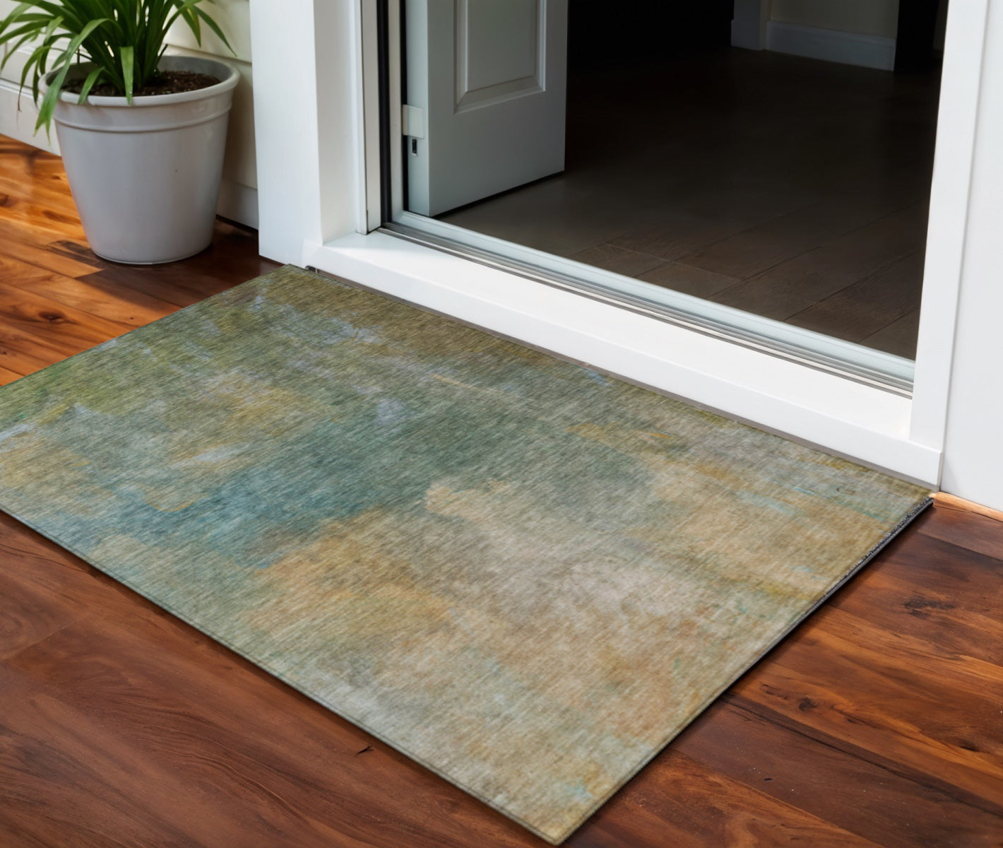 3 X 5 Artichoke Green Gray And Gold Abstract Washable Indoor Outdoor Area Rug