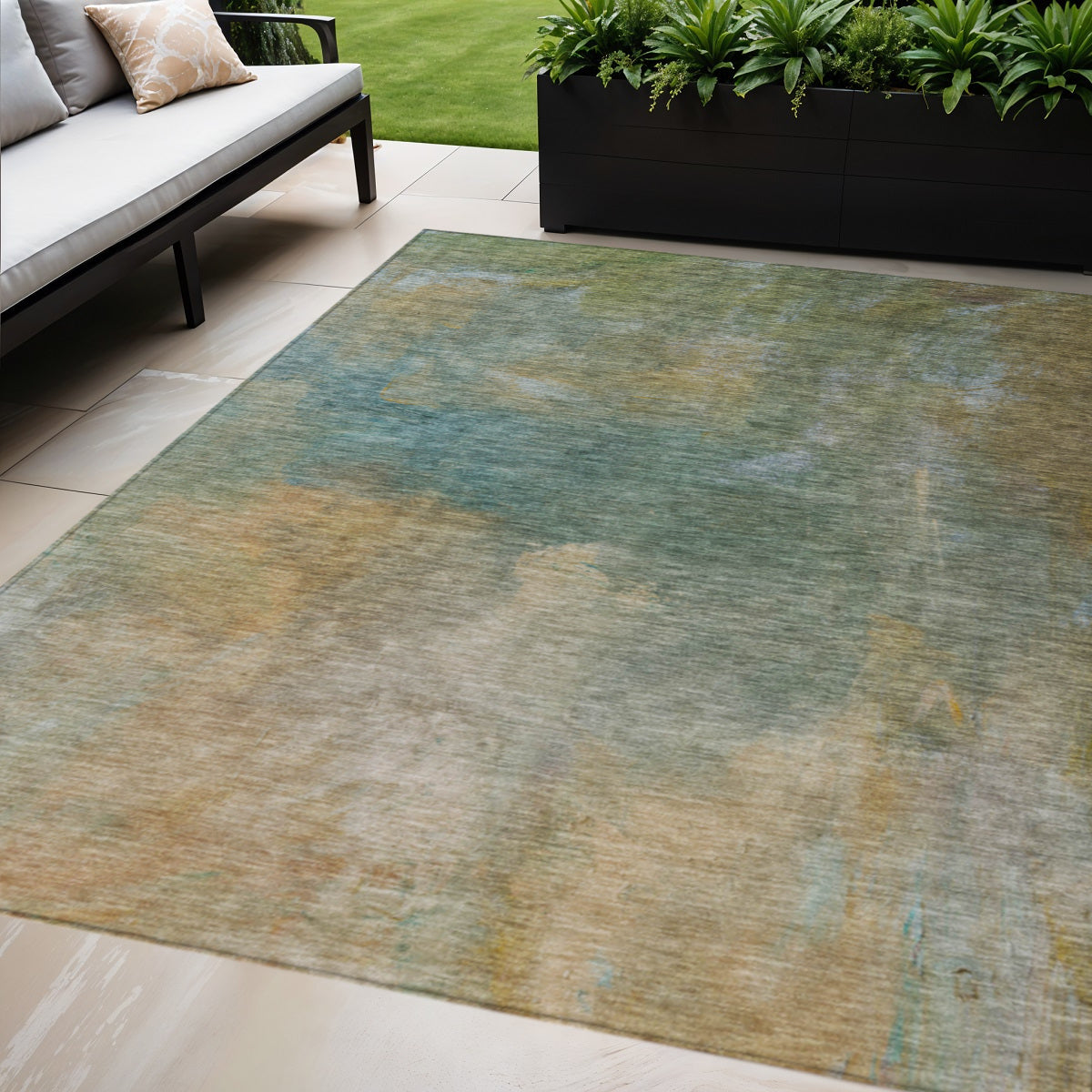 10 X 14 Artichoke Green Gray And Gold Abstract Washable Indoor Outdoor Area Rug