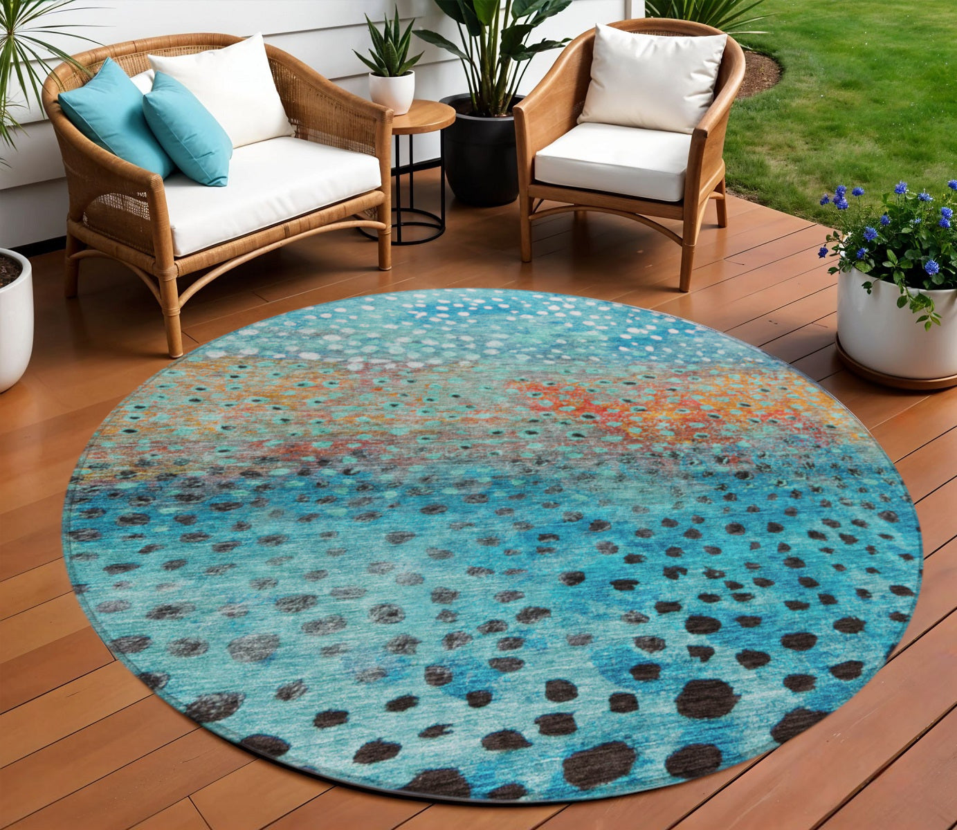 8 Blue Terra Cotta And Black Round Abstract Washable Indoor Outdoor Area Rug