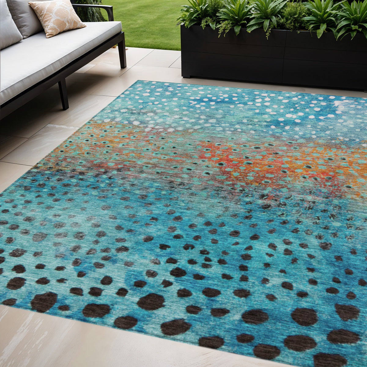 8 X 10 Blue Terra Cotta And Black Abstract Washable Indoor Outdoor Area Rug