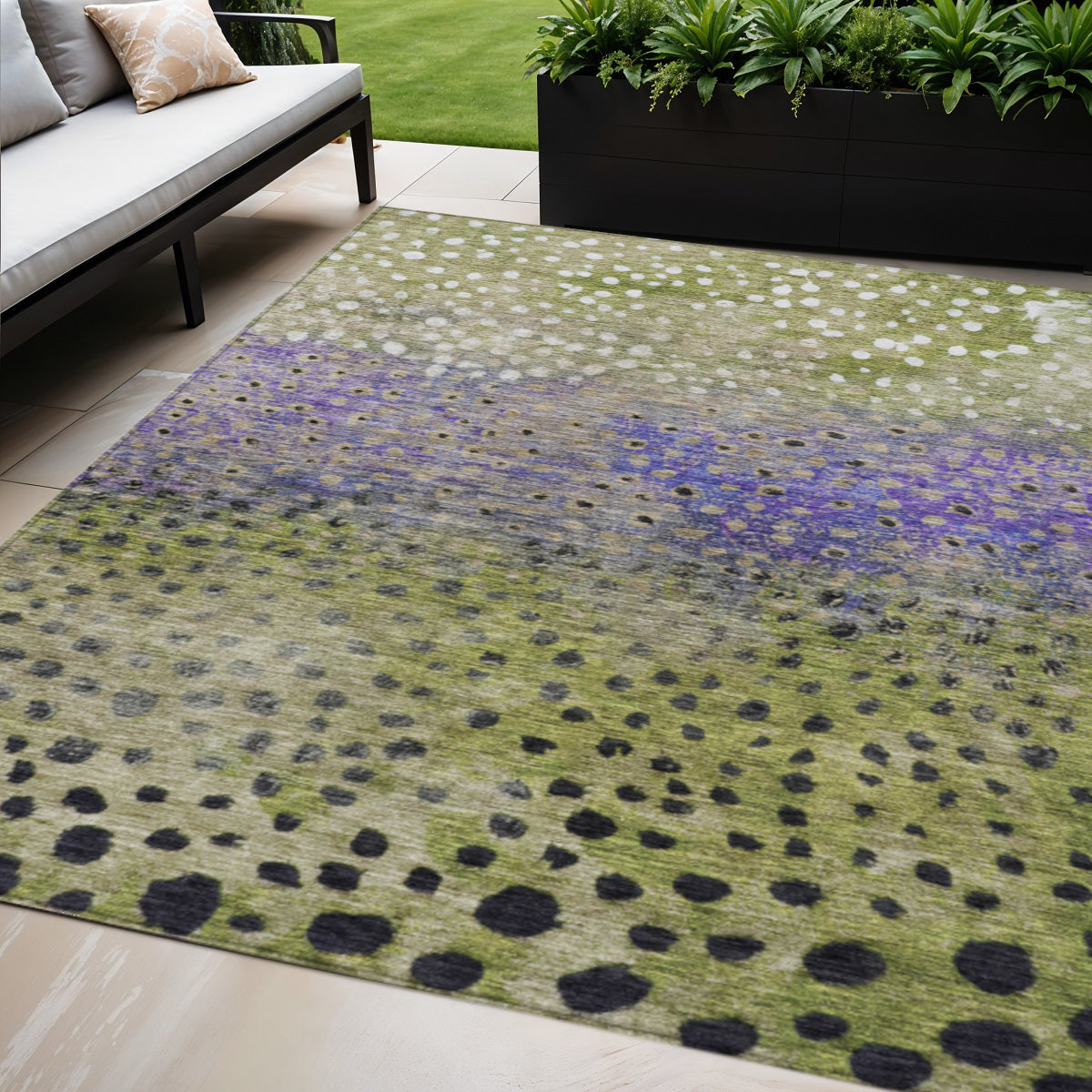 9 X 12 Green Purple And Black Abstract Washable Indoor Outdoor Area Rug