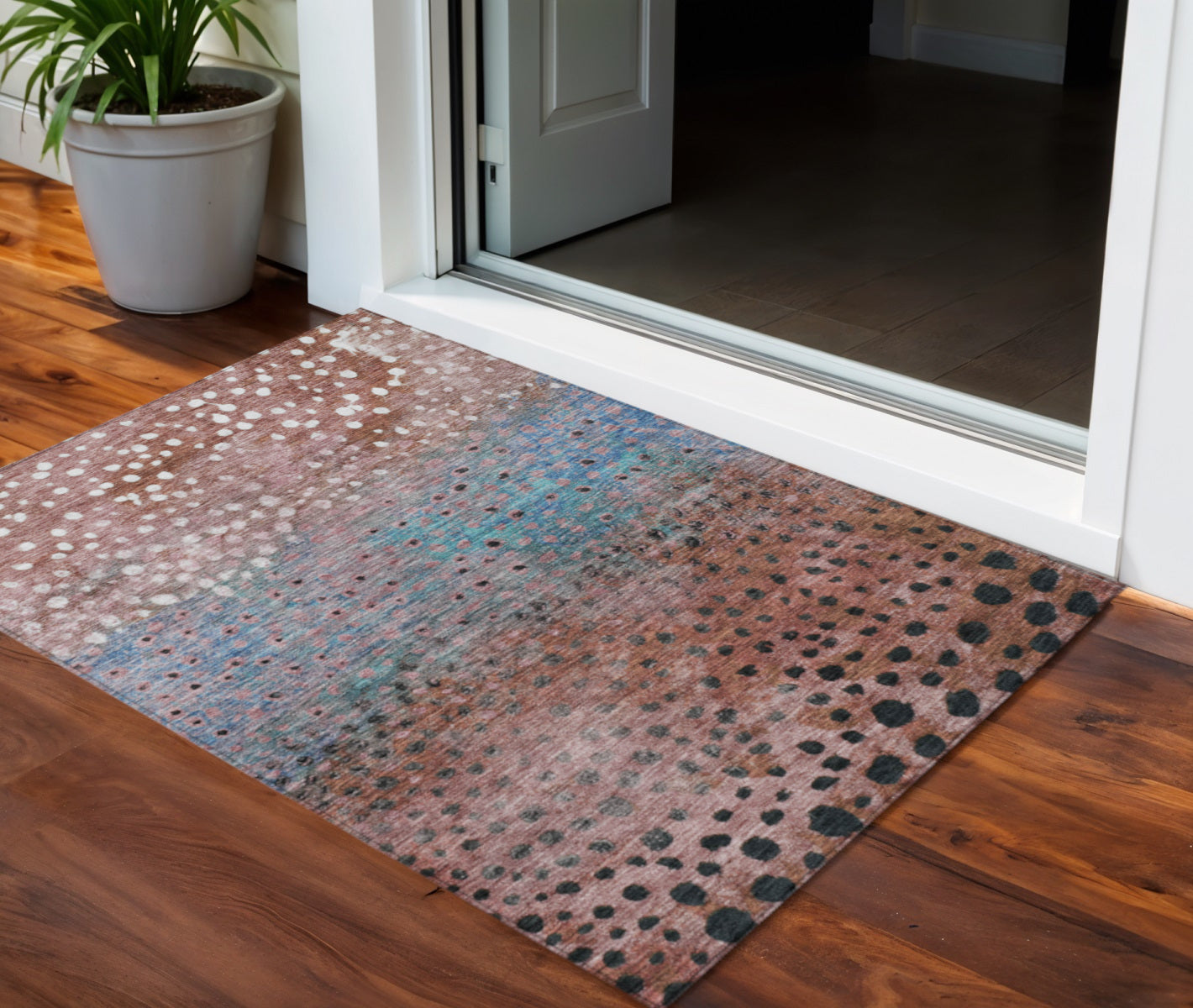 3 X 5 Terra Cotta Blue And Black Abstract Washable Indoor Outdoor Area Rug