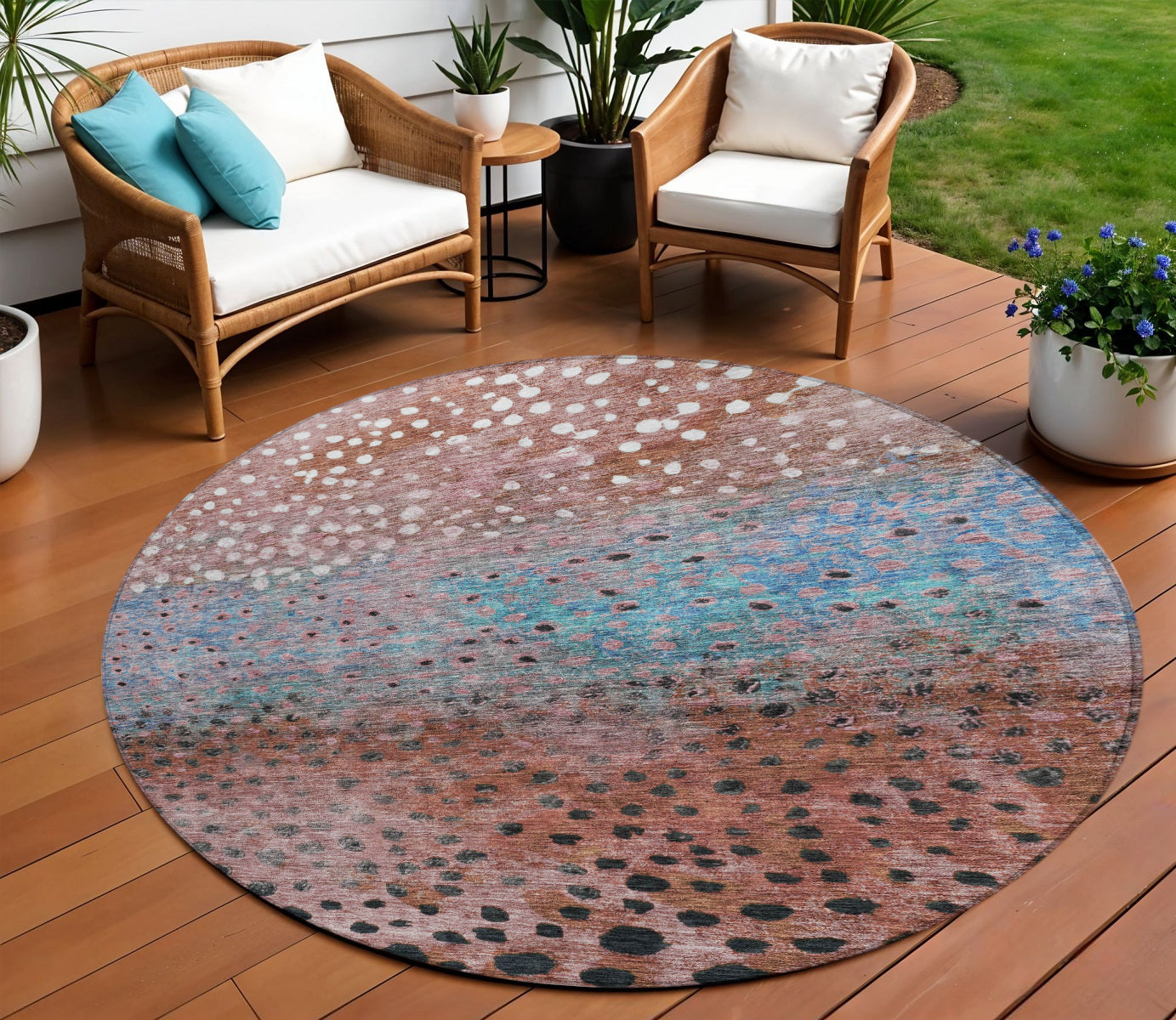 8 Terra Cotta Blue And Black Round Abstract Washable Indoor Outdoor Area Rug