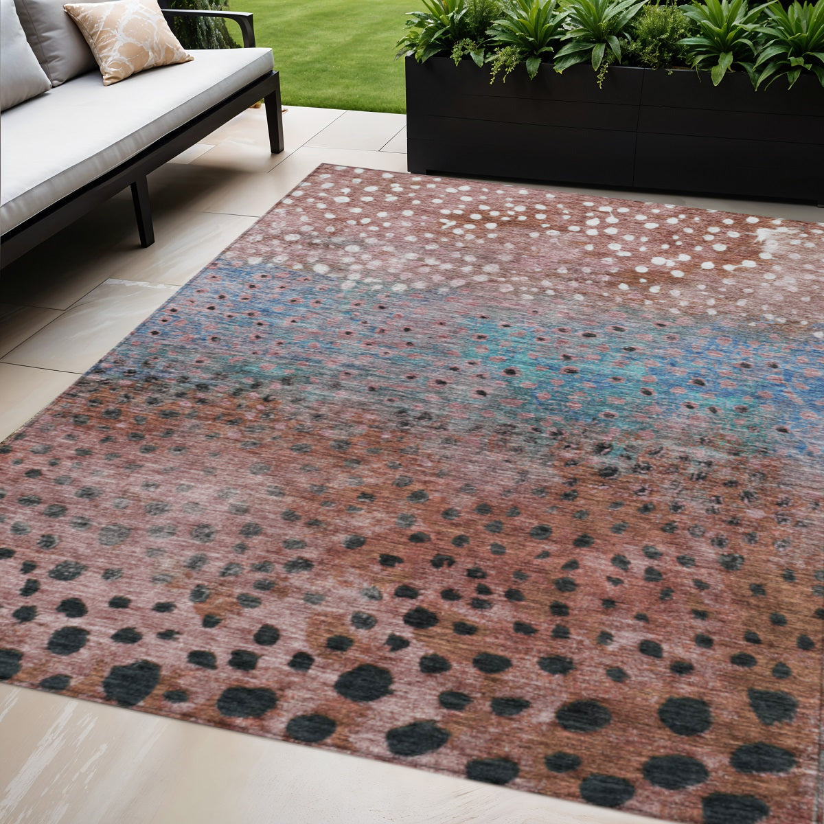 10 X 14 Terra Cotta Blue And Black Abstract Washable Indoor Outdoor Area Rug