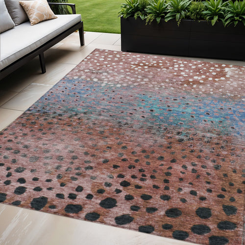 10 X 14 Terra Cotta Blue And Black Abstract Washable Indoor Outdoor Area Rug