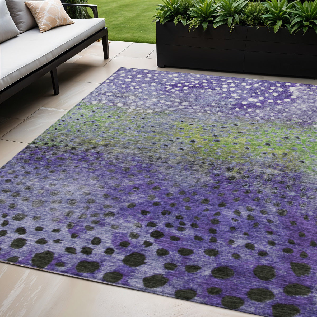 5 X 8 Purple Green And Black Abstract Washable Indoor Outdoor Area Rug