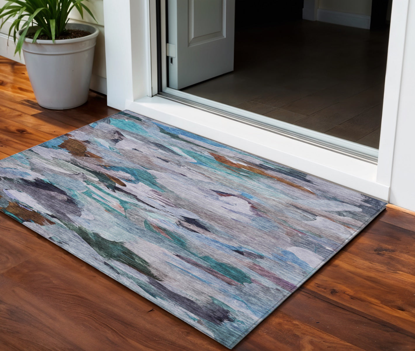 3 X 5 Blue Gray And Brown Abstract Washable Indoor Outdoor Area Rug