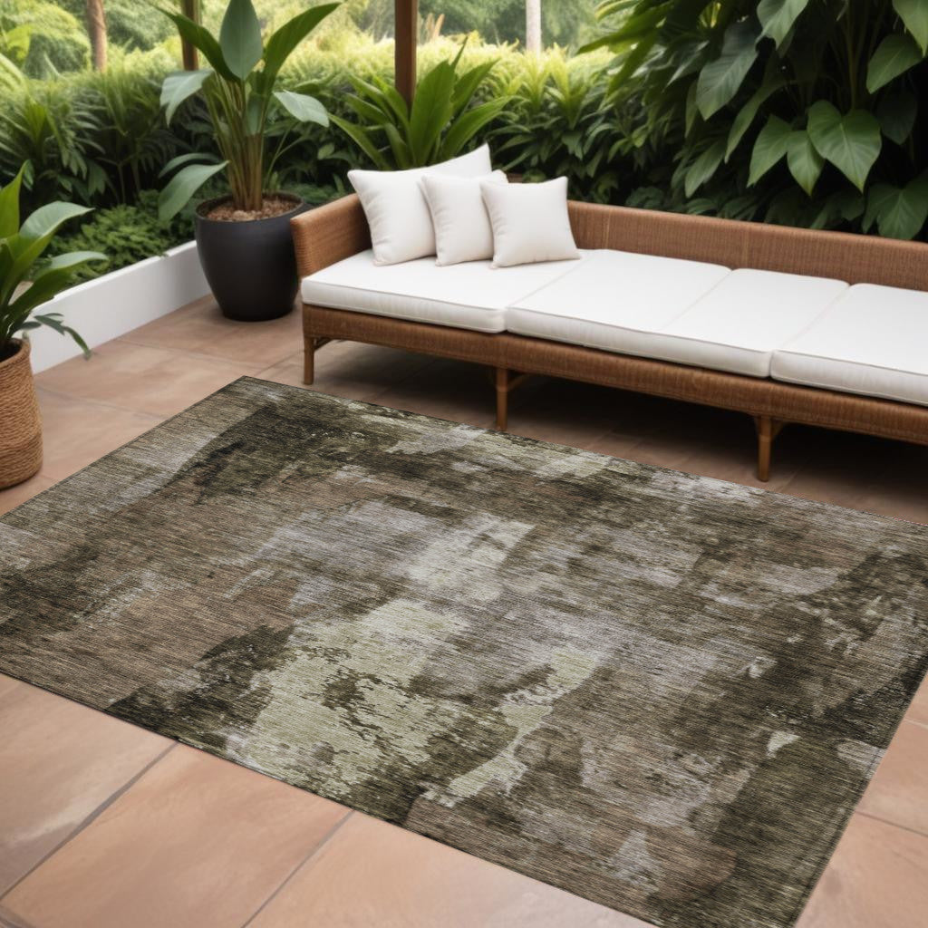 10 X 14 Brown Black And Beige Abstract Washable Indoor Outdoor Area Rug
