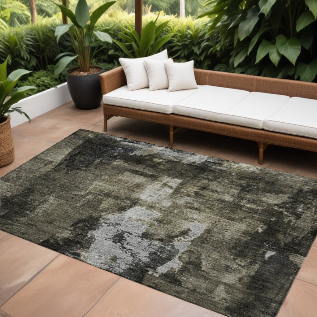 10 X 14 Charcoal And Black Abstract Washable Indoor Outdoor Area Rug