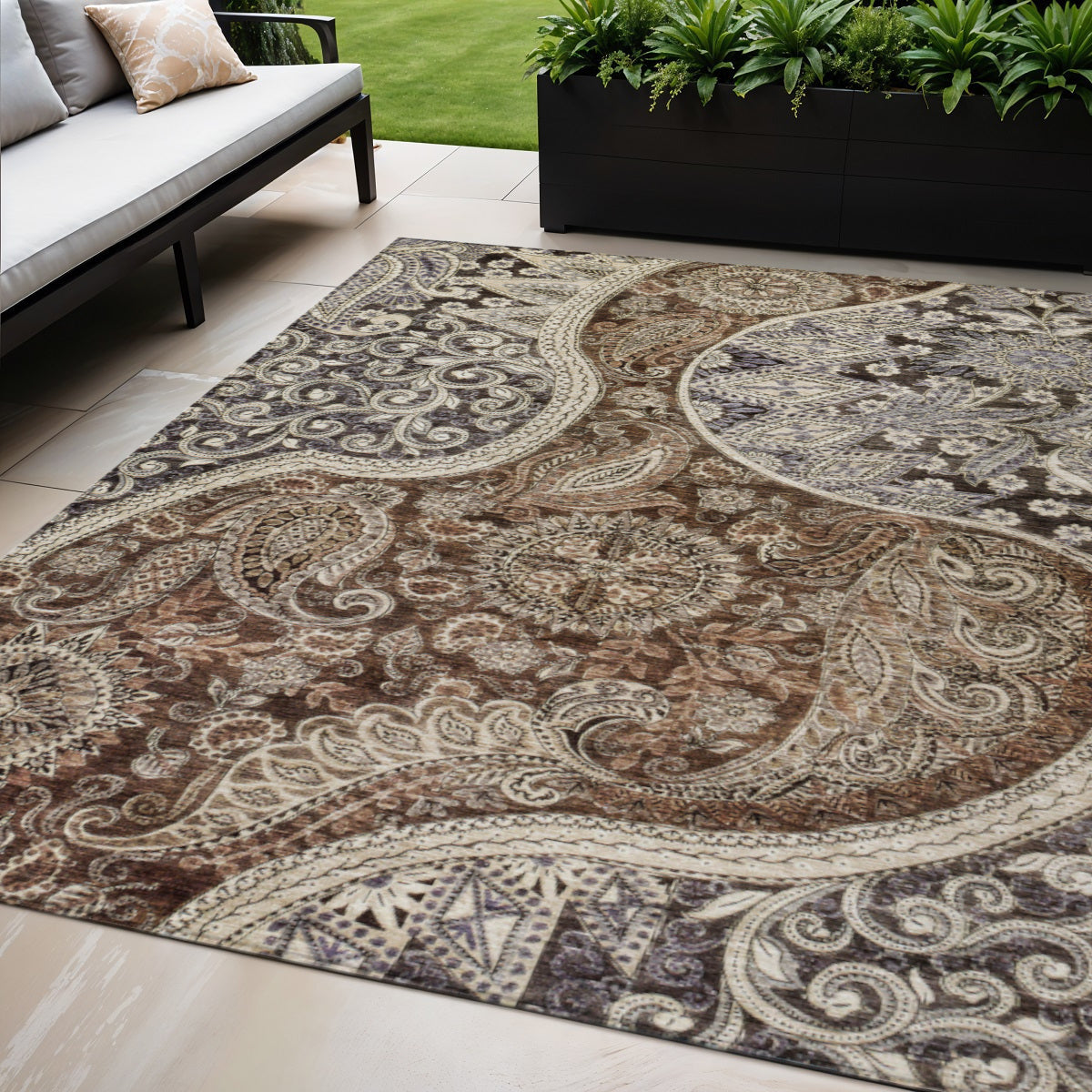 5 X 8 Brown Beige And Tan Floral Medallion Washable Indoor Outdoor Area Rug