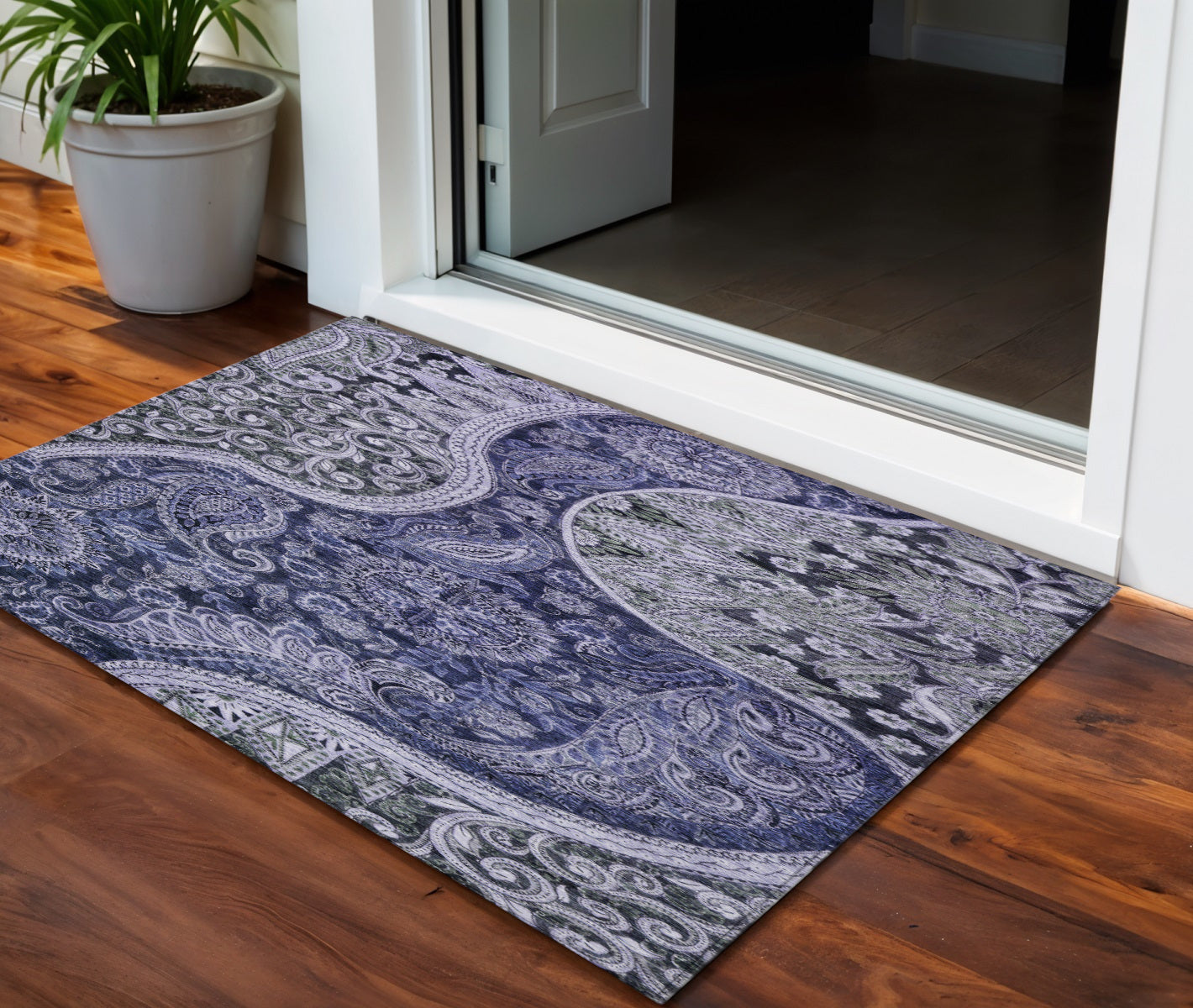 3 X 5 Navy Blue Gray And Green Floral Medallion Washable Indoor Outdoor Area Rug