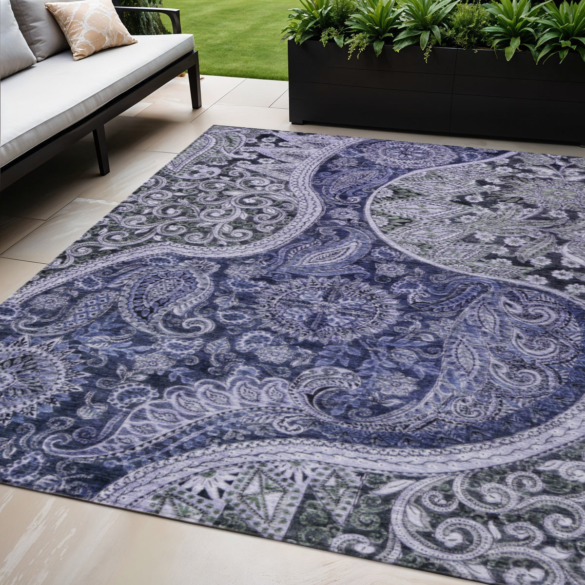5 X 8 Navy Blue Gray And Green Floral Medallion Washable Indoor Outdoor Area Rug