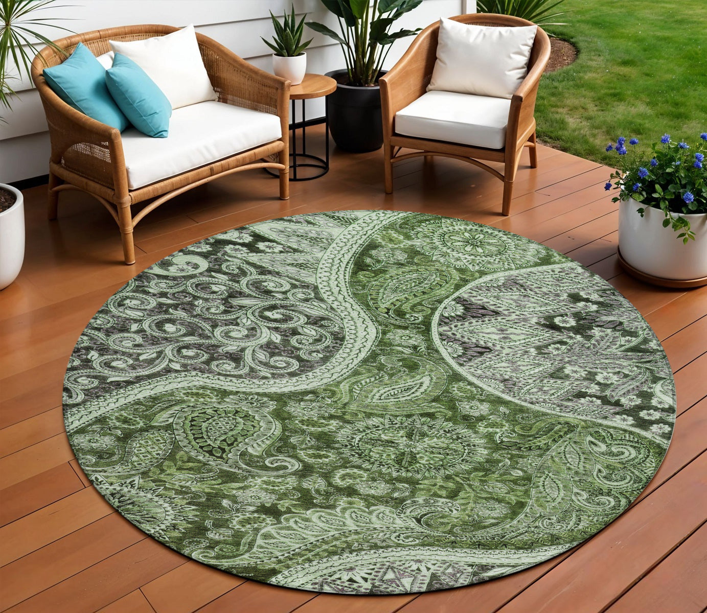 8 Olive Green Charcoal And Gray Round Floral Medallion Washable Indoor Outdoor Area Rug