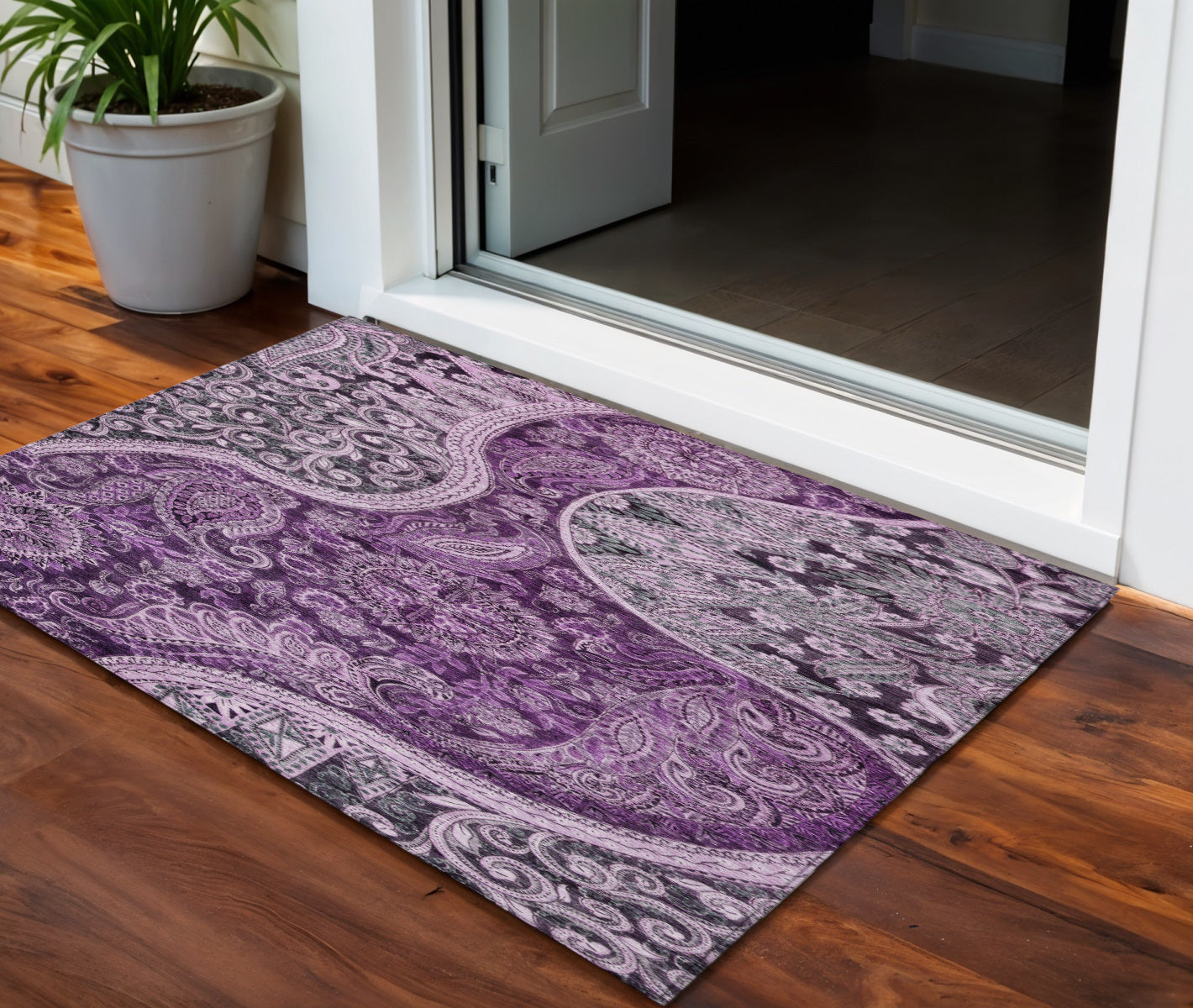 3 X 5 Purple And Charcoal Floral Medallion Washable Indoor Outdoor Area Rug