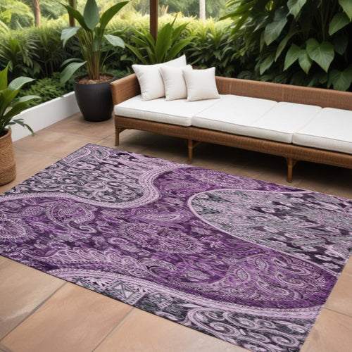 10 X 14 Purple And Charcoal Floral Medallion Washable Indoor Outdoor Area Rug