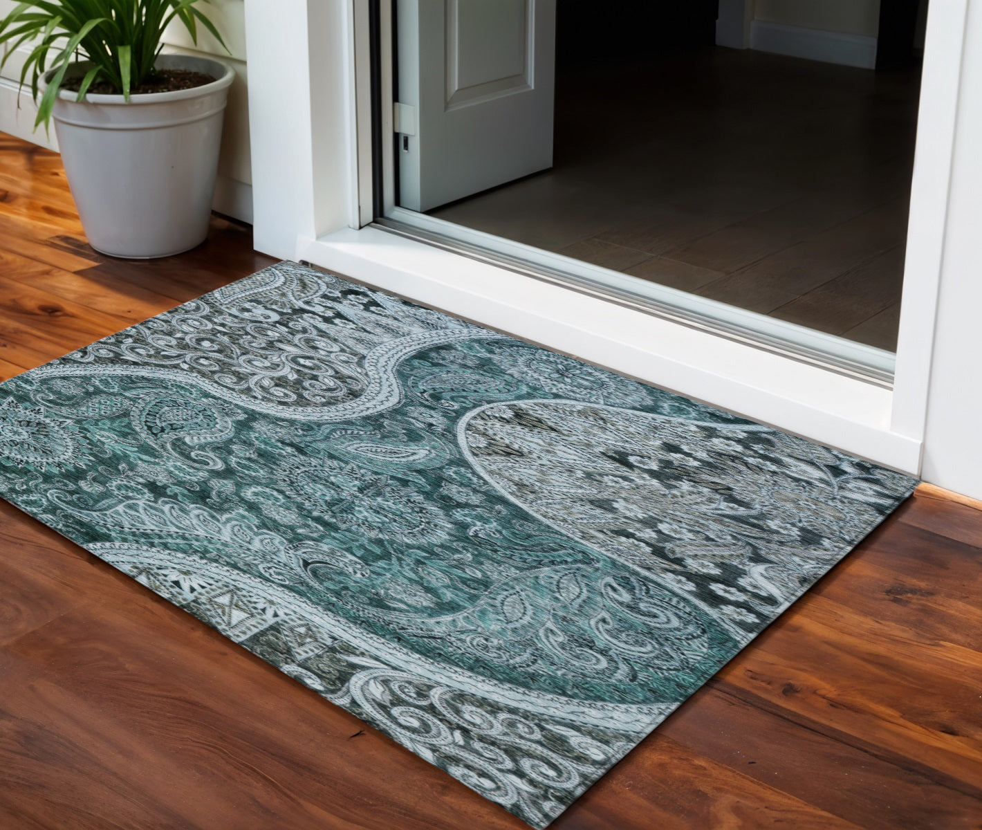 3 X 5 Teal Blue And Dark Green Floral Medallion Washable Indoor Outdoor Area Rug