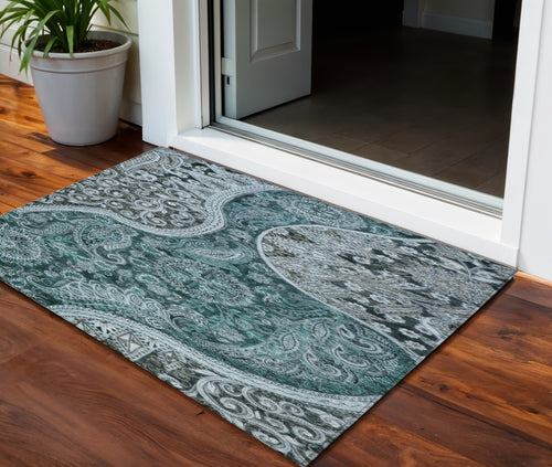 3 X 5 Teal Blue And Dark Green Floral Medallion Washable Indoor Outdoor Area Rug