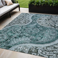 5 X 8 Teal Blue And Dark Green Floral Medallion Washable Indoor Outdoor Area Rug